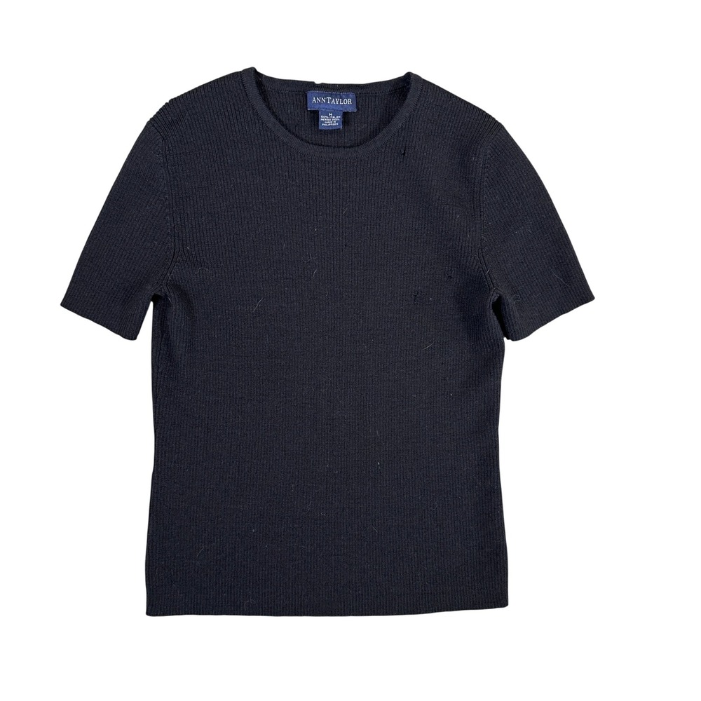Ann Taylor Black 100% Italian Merino Wool Ribbed Short Sleeve Sweater Medium